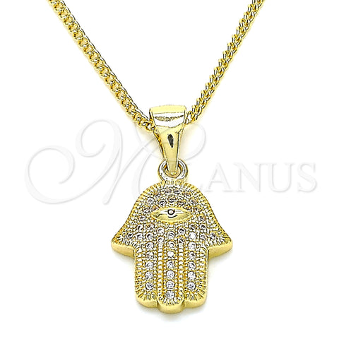 Oro Laminado Pendant Necklace, Gold Filled Style Hand of God Design, with White and Ruby Micro Pave, Polished, Golden Finish, 04.156.0414.20 (02 MM Thickness, 20 Inches Length)