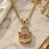 Oro Laminado Pendant Necklace, Gold Filled Style Hand of God and Judaica Design, with Ruby and White Micro Pave, Polished, Golden Finish, 04.156.0416.20 (02 MM Thickness, 20 Inches Length)