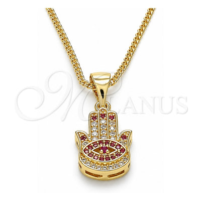 Oro Laminado Pendant Necklace, Gold Filled Style Hand of God and Judaica Design, with Ruby and White Micro Pave, Polished, Golden Finish, 04.156.0416.20 (02 MM Thickness, 20 Inches Length)