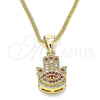Oro Laminado Pendant Necklace, Gold Filled Style Hand of God Design, with Ruby and White Micro Pave, Polished, Golden Finish, 04.156.0416.20 (02 MM Thickness, 20 Inches Length)