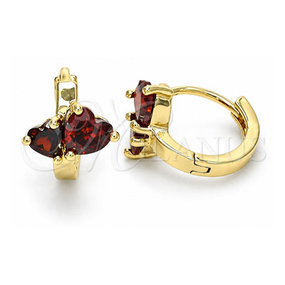 Oro Laminado Huggie Hoop, Gold Filled Style Heart Design, with Garnet Cubic Zirconia, Polished, Golden Finish, 02.210.0548.1.12
