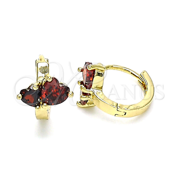 Gold Filled Hoop Earrings — Huggie Hoop Heart Design with Garnet Cubic Zirconia — main product view — SKU 144598 | Oro Laminado aretes de aro — Huggie Hoop corazón diseño with Garnet Cubic Zirconia — SKU 144598
