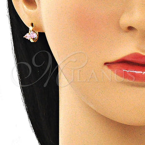 Gold Filled Hoop Earrings — Huggie Hoop Heart Design with Pink Cubic Zirconia — main product view — SKU 144599 | Oro Laminado aretes de aro — Huggie Hoop corazón diseño with Pink Cubic Zirconia — SKU 144599