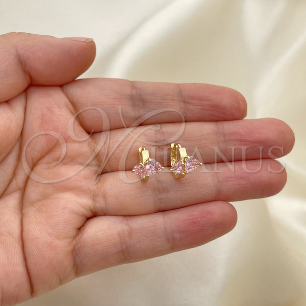 Gold Filled Hoop Earrings — Huggie Hoop Heart Design with Pink Cubic Zirconia — alternate product view — SKU 144599 | Oro Laminado aretes de aro — Huggie Hoop corazón diseño with Pink Cubic Zirconia — SKU 144599