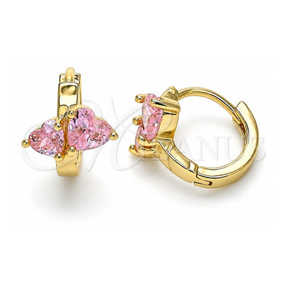 Oro Laminado Huggie Hoop, Gold Filled Style Heart Design, with Pink Cubic Zirconia, Polished, Golden Finish, 02.210.0548.2.12