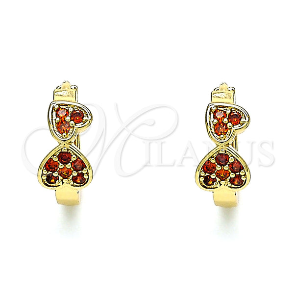 Gold Filled Hoop Earrings — Huggie Hoop Heart Design with Garnet Micro Pave — alternate product view — SKU 144600 | Oro Laminado aretes de aro — Huggie Hoop corazón diseño with Garnet Micro Pave — SKU 144600