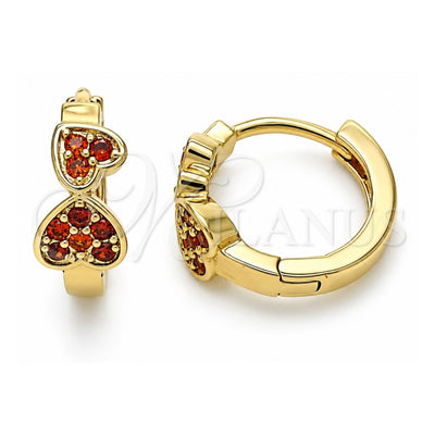 Oro Laminado Huggie Hoop, Gold Filled Style Heart Design, with Garnet Micro Pave, Polished, Golden Finish, 02.210.0549.15
