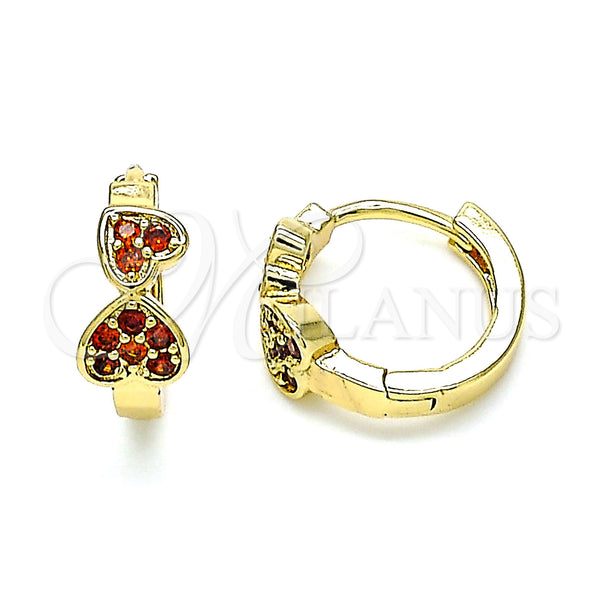 Gold Filled Hoop Earrings — Huggie Hoop Heart Design with Garnet Micro Pave — main product view — SKU 144600 | Oro Laminado aretes de aro — Huggie Hoop corazón diseño with Garnet Micro Pave — SKU 144600