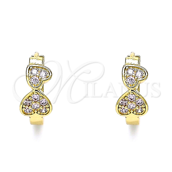 Gold Filled Hoop Earrings — Huggie Hoop Heart Design with Pink Micro Pave — alternate product view — SKU 144601 | Oro Laminado aretes de aro — Huggie Hoop corazón diseño with Pink Micro Pave — SKU 144601