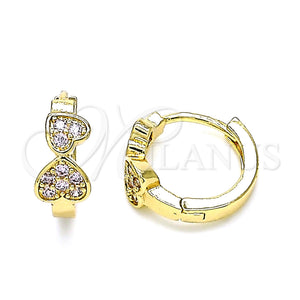 Gold Filled Hoop Earrings — Huggie Hoop Heart Design with Pink Micro Pave — main product view — SKU 144601 | Oro Laminado aretes de aro — Huggie Hoop corazón diseño with Pink Micro Pave — SKU 144601