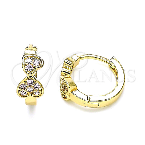 Oro Laminado Huggie Hoop, Gold Filled Style Heart Design, with Pink Micro Pave, Polished, Golden Finish, 02.210.0549.1.15