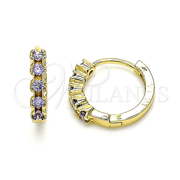 Gold Filled Hoop Earrings — Huggie Hoop with Amethyst Cubic Zirconia Polished 02. — main product view — SKU 144604 | Oro Laminado aretes de aro — Huggie Hoop with Amethyst Cubic Zirconia pulido 02. — SKU 144604