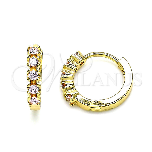 Gold Filled Hoop Earrings — Huggie Hoop with Pink Cubic Zirconia Polished 02. — main product view — SKU 144605 | Oro Laminado aretes de aro — Huggie Hoop with Pink Cubic Zirconia pulido 02. — SKU 144605