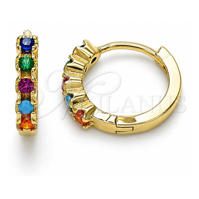 Oro Laminado Huggie Hoop, Gold Filled Style with Multicolor Cubic Zirconia, Polished, Golden Finish, 02.210.0550.4.15
