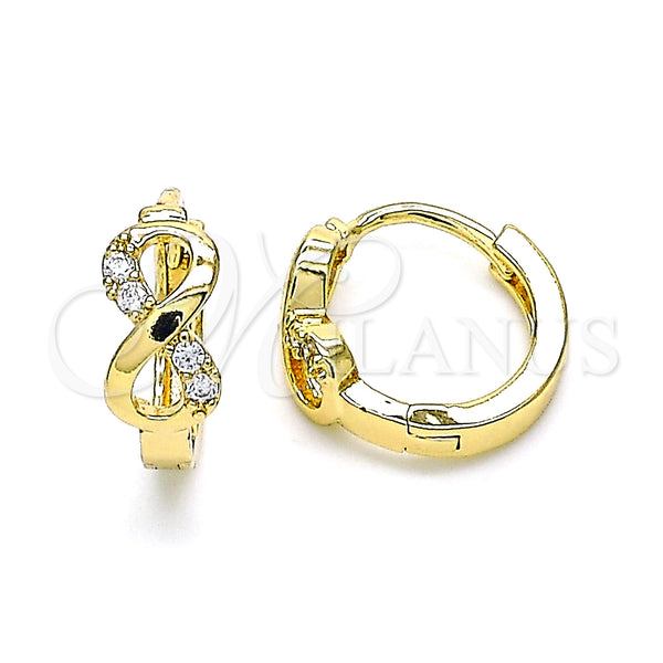 Gold Filled Hoop Earrings — Huggie Hoop Infinite Design with White Micro Pave — main product view — SKU 144607 | Oro Laminado aretes de aro — Huggie Hoop Infinite diseño with blanco Micro Pave — SKU 144607
