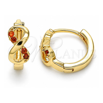 Oro Laminado Huggie Hoop, Gold Filled Style Infinite Design, with Garnet Micro Pave, Polished, Golden Finish, 02.210.0551.1.15