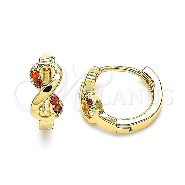 Gold Filled Hoop Earrings — Huggie Hoop Infinite Design with Garnet Micro Pave — main product view — SKU 144608 | Oro Laminado aretes de aro — Huggie Hoop Infinite diseño with Garnet Micro Pave — SKU 144608
