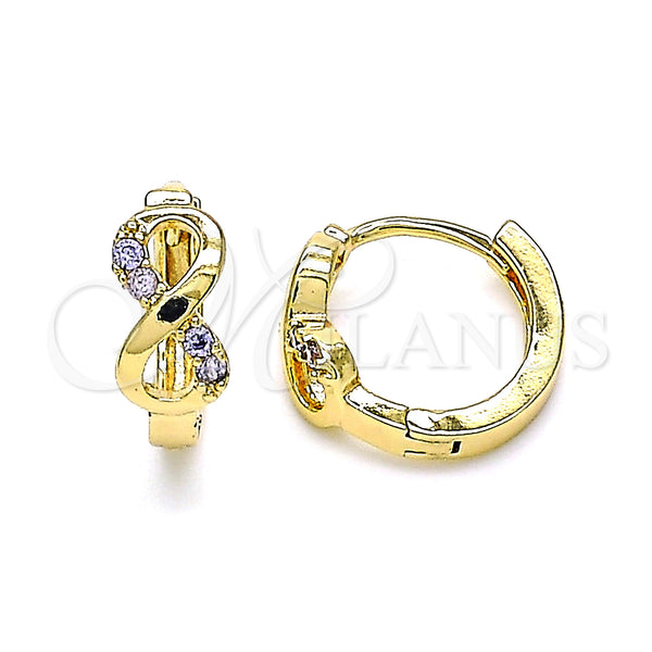 Gold Filled Hoop Earrings — Huggie Hoop Infinite Design with Amethyst Micro Pave — main product view — SKU 144609 | Oro Laminado aretes de aro — Huggie Hoop Infinite diseño with Amethyst Micro Pave — SKU 144609