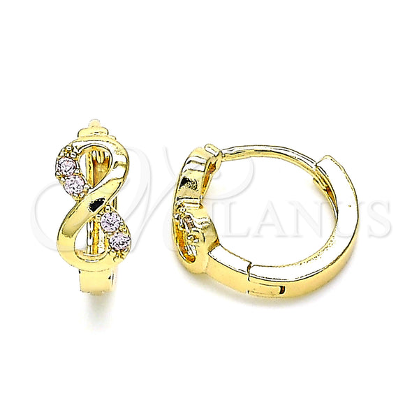 Gold Filled Hoop Earrings — Huggie Hoop Infinite Design with Pink Micro Pave — main product view — SKU 144610 | Oro Laminado aretes de aro — Huggie Hoop Infinite diseño with Pink Micro Pave — SKU 144610