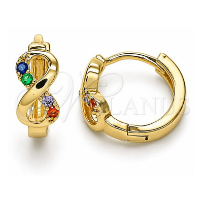 Oro Laminado Huggie Hoop, Gold Filled Style Infinite Design, with Multicolor Micro Pave, Polished, Golden Finish, 02.210.0551.4.15