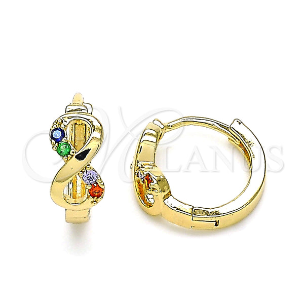 Gold Filled Hoop Earrings — Huggie Hoop Infinite Design with Multicolor Micro Pave — main product view — SKU 144611 | Oro Laminado aretes de aro — Huggie Hoop Infinite diseño with Multicolor Micro Pave — SKU 144611
