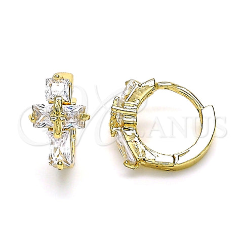 Oro Laminado Huggie Hoop, Gold Filled Style Cross and Baguette Design, with White Cubic Zirconia, Polished, Golden Finish, 02.210.0552.12