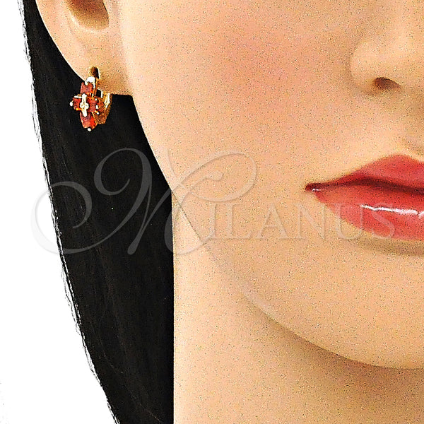 Gold Filled Hoop Earrings — Huggie Hoop Cross and Baguette Design with Garnet — alternate product view — SKU 144613 | Oro Laminado aretes de aro — Huggie Hoop cruz and Baguette diseño with Garnet — SKU 144613
