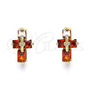 Oro Laminado Huggie Hoop, Gold Filled Style Cross and Baguette Design, with Garnet Cubic Zirconia, Polished, Golden Finish, 02.210.0552.1.12