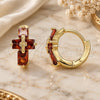 Oro Laminado Huggie Hoop, Gold Filled Style Cross and Baguette Design, with Garnet Cubic Zirconia, Polished, Golden Finish, 02.210.0552.1.12