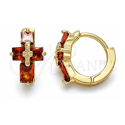 Oro Laminado Huggie Hoop, Gold Filled Style Cross and Baguette Design, with Garnet Cubic Zirconia, Polished, Golden Finish, 02.210.0552.1.12
