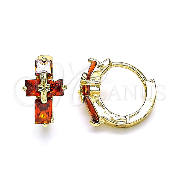 Gold Filled Hoop Earrings — Huggie Hoop Cross and Baguette Design with Garnet — main product view — SKU 144613 | Oro Laminado aretes de aro — Huggie Hoop cruz and Baguette diseño with Garnet — SKU 144613