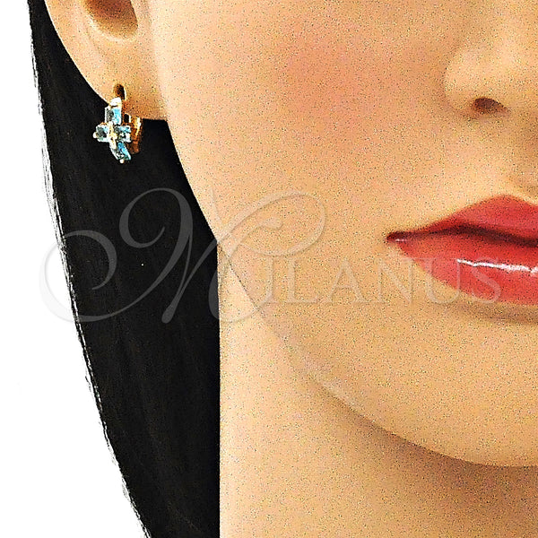 Gold Filled Hoop Earrings — Huggie Hoop Cross and Baguette Design with Blue — alternate product view — SKU 144614 | Oro Laminado aretes de aro — Huggie Hoop cruz and Baguette diseño with Blue — SKU 144614