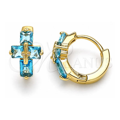 Oro Laminado Huggie Hoop, Gold Filled Style Cross and Baguette Design, with Blue Topaz Cubic Zirconia, Polished, Golden Finish, 02.210.0552.2.12