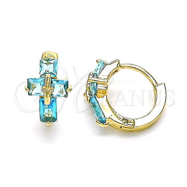 Gold Filled Hoop Earrings — Huggie Hoop Cross and Baguette Design with Blue — main product view — SKU 144614 | Oro Laminado aretes de aro — Huggie Hoop cruz and Baguette diseño with Blue — SKU 144614