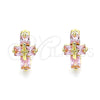 Oro Laminado Huggie Hoop, Gold Filled Style Cross and Baguette Design, with Pink Cubic Zirconia, Polished, Golden Finish, 02.210.0552.4.12