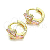 Oro Laminado Huggie Hoop, Gold Filled Style Cross and Baguette Design, with Pink Cubic Zirconia, Polished, Golden Finish, 02.210.0552.4.12