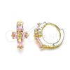 Oro Laminado Huggie Hoop, Gold Filled Style Cross and Baguette Design, with Pink Cubic Zirconia, Polished, Golden Finish, 02.210.0552.4.12