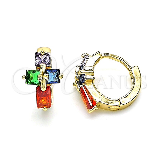 Gold Filled Hoop Earrings — Huggie Hoop Cross and Baguette Design with Multicolor — main product view — SKU 144617 | Oro Laminado aretes de aro — Huggie Hoop cruz and Baguette diseño with Multicolor — SKU 144617