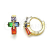 Oro Laminado Huggie Hoop, Gold Filled Style Cross and Baguette Design, with Multicolor Cubic Zirconia, Polished, Golden Finish, 02.210.0552.5.12