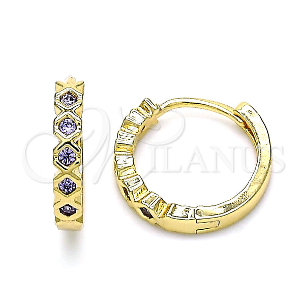 Gold Filled Hoop Earrings — Huggie Hoop with Amethyst Cubic Zirconia Polished 02. — main product view — SKU 144620 | Oro Laminado aretes de aro — Huggie Hoop with Amethyst Cubic Zirconia pulido 02. — SKU 144620
