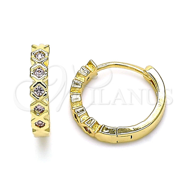 Gold Filled Hoop Earrings — Huggie Hoop with Pink Cubic Zirconia Polished 02. — main product view — SKU 144621 | Oro Laminado aretes de aro — Huggie Hoop with Pink Cubic Zirconia pulido 02. — SKU 144621