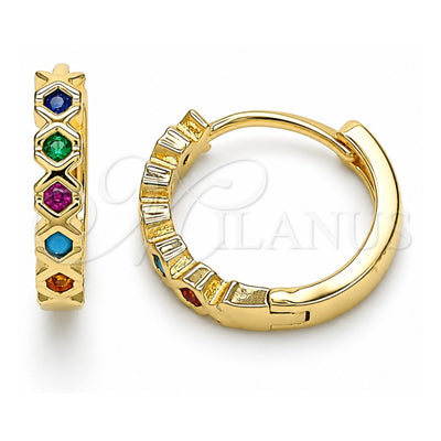 Oro Laminado Huggie Hoop, Gold Filled Style with Multicolor Cubic Zirconia, Polished, Golden Finish, 02.210.0553.4.15