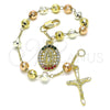 Oro Laminado Charm Bracelet, Gold Filled Style Guadalupe and Crucifix Design, with Multicolor Crystal, Diamond Cutting Finish, Tricolor, 03.380.0119.1.08 (06 MM Thickness, 8 Inches Length)