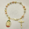 Oro Laminado Charm Bracelet, Gold Filled Style Guadalupe and Crucifix Design, with Multicolor Crystal, Diamond Cutting Finish, Tricolor, 03.380.0119.1.08 (06 MM Thickness, 8 Inches Length)