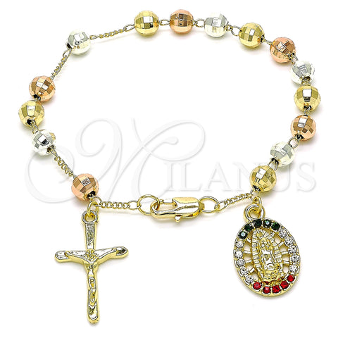 Oro Laminado Charm Bracelet, Gold Filled Style Guadalupe and Crucifix Design, with Multicolor Crystal, Diamond Cutting Finish, Tricolor, 03.380.0119.1.08 (06 MM Thickness, 8 Inches Length)