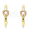 Oro Laminado Huggie Hoop, Gold Filled Style Heart Design, with Pink Cubic Zirconia, Polished, Golden Finish, 02.210.0554.15