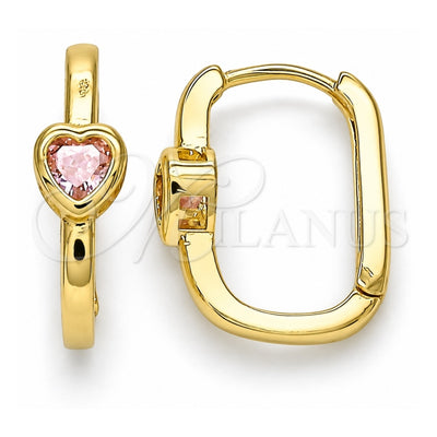 Oro Laminado Huggie Hoop, Gold Filled Style Heart Design, with Pink Cubic Zirconia, Polished, Golden Finish, 02.210.0554.15