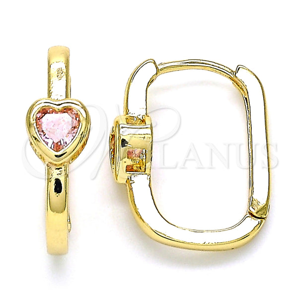 Gold Filled Hoop Earrings — Huggie Hoop Heart Design with Pink Cubic Zirconia — main product view — SKU 144631 | Oro Laminado aretes de aro — Huggie Hoop corazón diseño with Pink Cubic Zirconia — SKU 144631