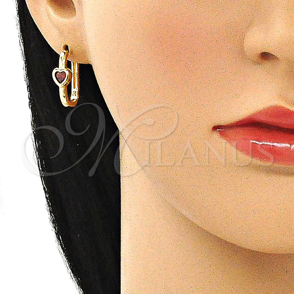 Gold Filled Hoop Earrings — Huggie Hoop Heart Design with Garnet Cubic Zirconia — alternate product view — SKU 144632 | Oro Laminado aretes de aro — Huggie Hoop corazón diseño with Garnet Cubic Zirconia — SKU 144632