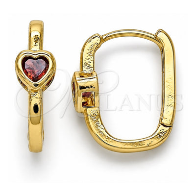 Oro Laminado Huggie Hoop, Gold Filled Style Heart Design, with Garnet Cubic Zirconia, Polished, Golden Finish, 02.210.0554.1.15